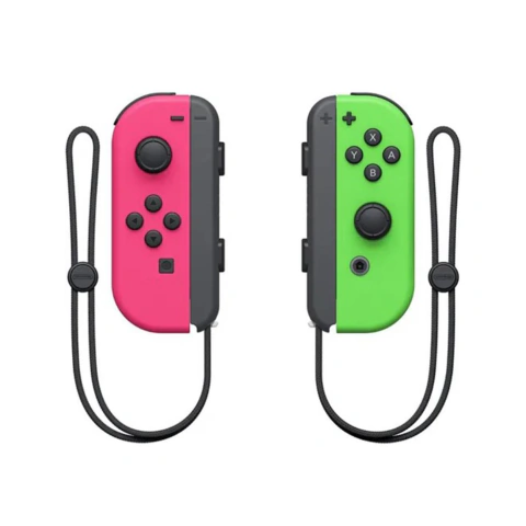 Controles Joy-Con para Nintendo Switch en colores rosa y verde con correas negras