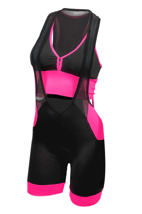 Bretelle feminino NC Extreme para ciclismo nas cores preto e rosa, com alças de tela e detalhes em rosa vibrante