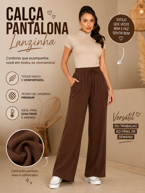 Calça Pantalona Feminina em Lanzinha com Cintura Alta e Bolsos