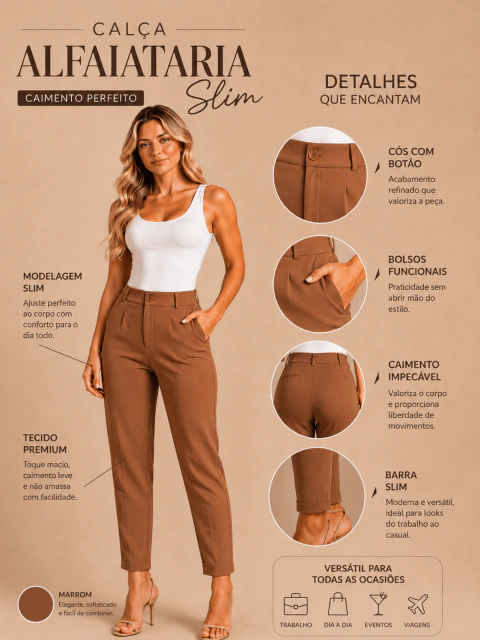 Calça Alfaiataria Feminina Slim Cintura Alta com Bolsos | VINTYN
