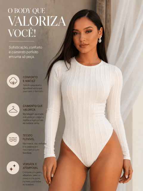 Body Feminino Manga Longa Rivana Premium Texturizado Canelado Outono Inverno Gola Redonda Veste 38 ao 42