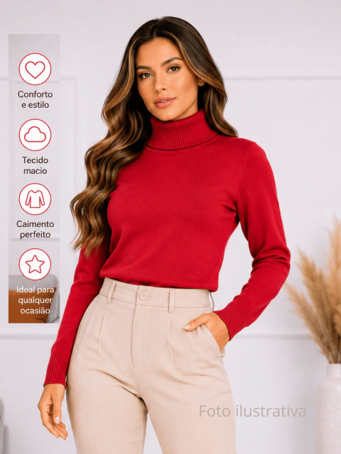 Blusa Feminina Tricot Gola Alta Ajustada Manga Longa Inverno Elegante Tendência Moda Blogueira