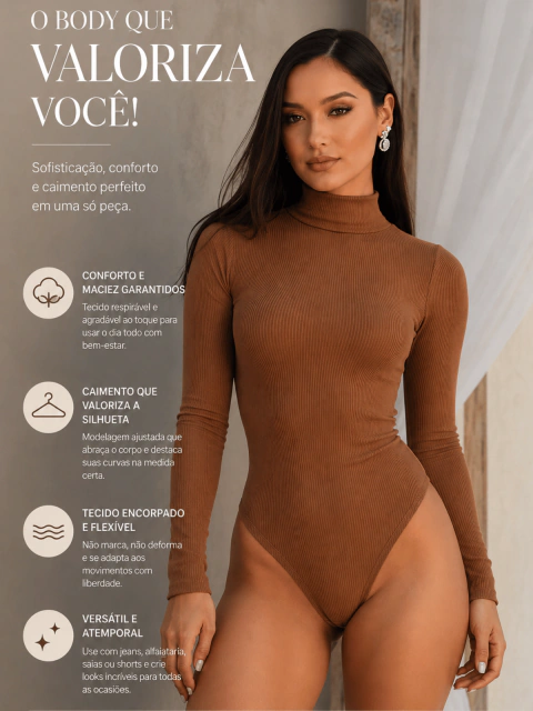 Body Feminino Manga Longa Canelado Gola Alta Modelagem Ajustada Elegante e Confortável