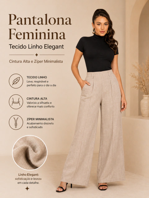 Pantalona Feminina Tecido Linho Elegant – Cintura Alta e Zíper Minimalista