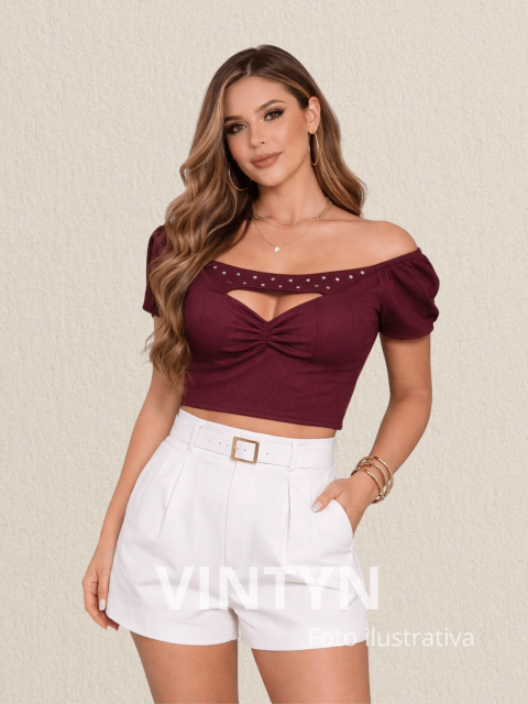 Cropped Feminino Ajustado com Abertura no Decote e Detalhe Frontal Moda Blogueira Lançamento