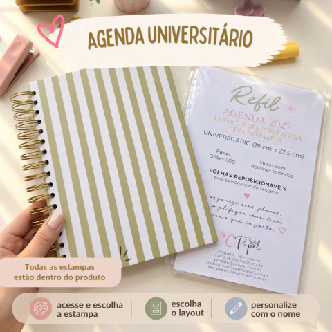 Agenda Universitário - Coleção Instantes - Entre, escolha sua estampa e personalize