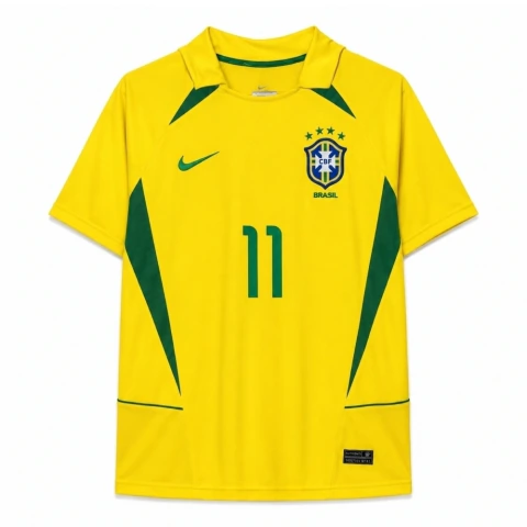Camisa Retrô Brasil I 2002 Home Masculina #11 Ronaldinho - Copa Do Mundo Amarela