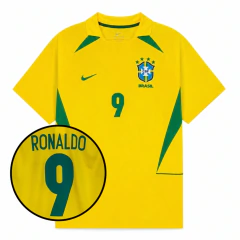 Camisa Retrô Brasil I 2002 Home Masculina #9 Ronaldo - Copa Do Mundo Amarela
