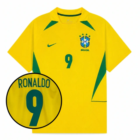 Camisa Retrô Brasil I 2002 Home Masculina #9 Ronaldo - Copa Do Mundo Amarela
