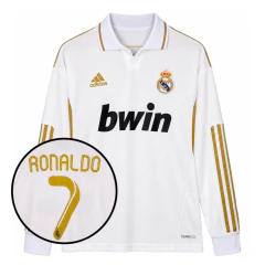 Camisa Retrô Real Madrid I 2011/12 Home Masculina #7 Ronaldo - Manga Longa Branca