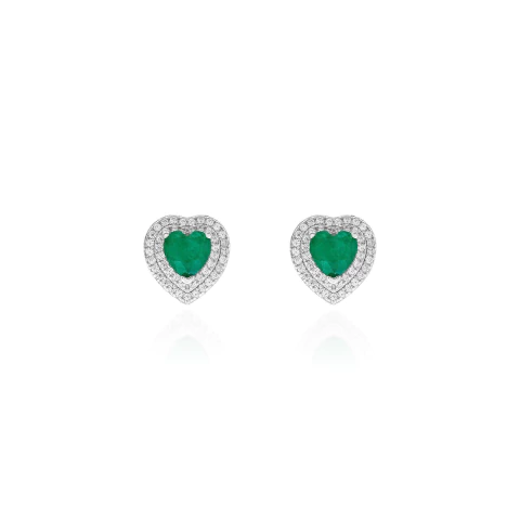 Brinco Coração Esmeralda 6mm Dupla Cravação Zircônias Brancas Prata 925 Ródio