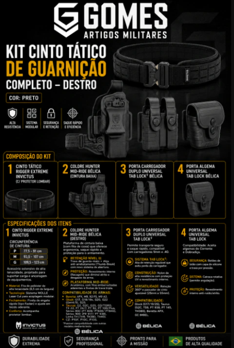 KIT CINTO TÁTICO DE GUARNIÇÃO NA COMPLETO PRT COLDRE DESTRO