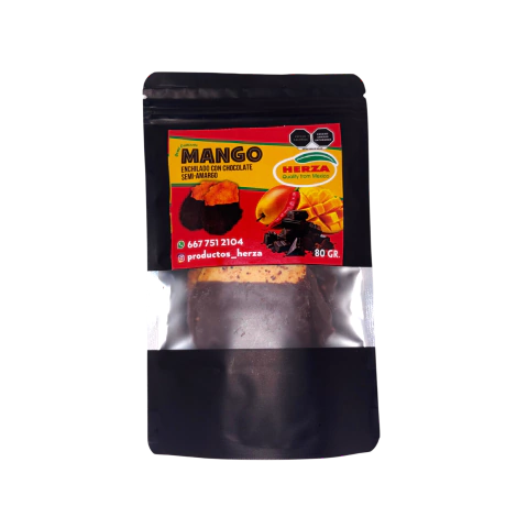 MANGO ENCHILADO DESHIDRATADO CON CHOCOLATE SEMI-AMARGO HERZA 80 G.