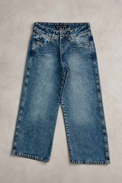 ART-3882 | WIDE LEG OXIDO CON STRASS RÍGIDO TIRO INTERMEDIO GORSI JEANS