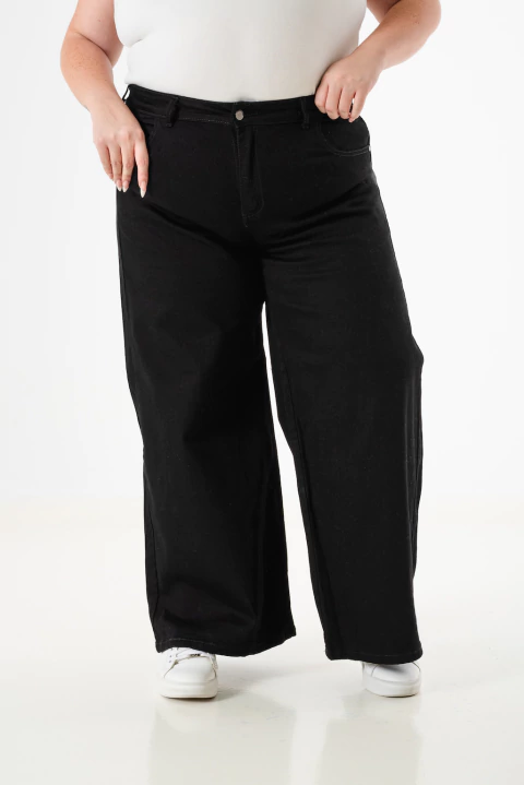 JEAN WIDE LEG NEGRO DK ZAIRA ELASTIZADO TIRO ALTO TALLES 44 AL 54 DEKA