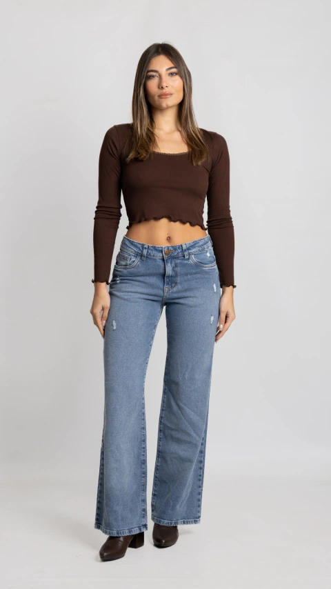 1012 | WIDE LEG SAM NEVADO C / ROTURA TIRO MEDIO SEMI ELASTIZADO ANDAR JEANS