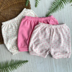 kit com 3 short (G) floral;rosa;branco suedine MIMOS BABY