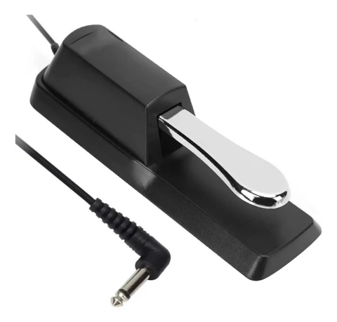 Pedal sustain cromado com base preta e cabo com conector P10 para teclado ou piano