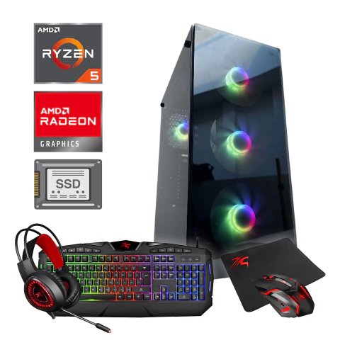 PC ARMADA GAMER AMD RYZEN 5 5600GT 16GB SSD 960GB FUENTE 600W TECLADO MOUSE AURICULARES PAD RGB