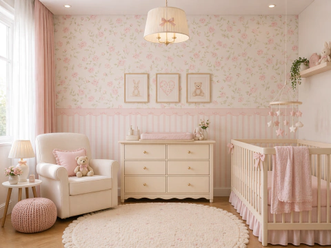 Papel de Parede Infantil Floral Rosa - VARONI DECOR