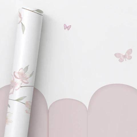 Rolo 3m Papel de Parede Floral Delicado Rosa com Borboletas