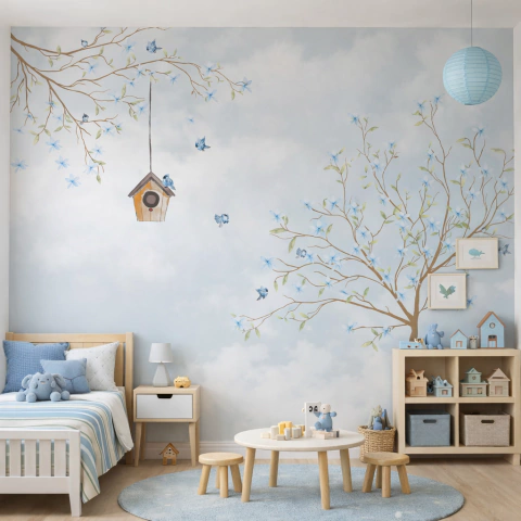 Papel de Parede Infantil Árvore com Pássaros e Nuvens - comprar online