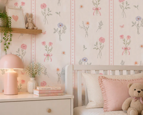 Papel de Parede Infantil Floral Delicado com Laços e Flores Aquarela - comprar online
