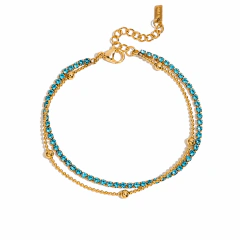 Pulseira Dupla com Cristais Azuis Banhada a Ouro 18k