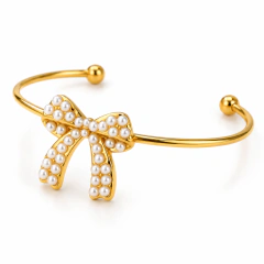 Bracelete Infantil de Laço com Pérolas Banhado a Ouro 18k