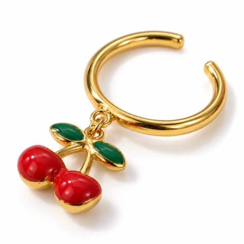 Anel Infantil Cerejas Vermelhas Dourado Banhado a Ouro 18K