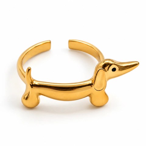 Anel Infantil Cachorrinho Salsicha Dourado Banhado a Ouro 18K