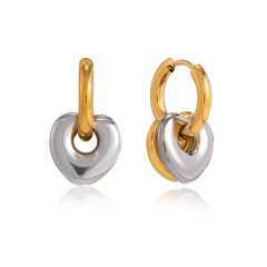 Brinco Argola Dourado com Pingente de Coração Bicolor Banhado a Ouro 18k