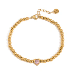 Pulseira de Bolinhas Douradas com Coração Rosa Banhada a Ouro 18k