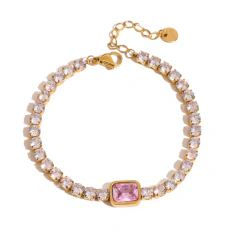 Pulseira com Cristal Central Rosa Banhada a Ouro 18k