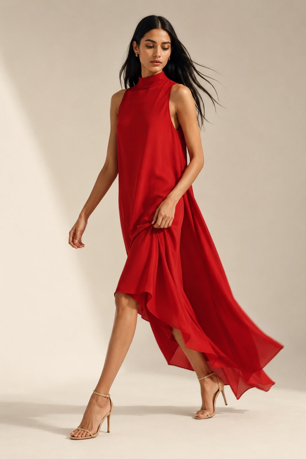 Vestido midi de crepe com nesgas e gola alta Ritmi Studio