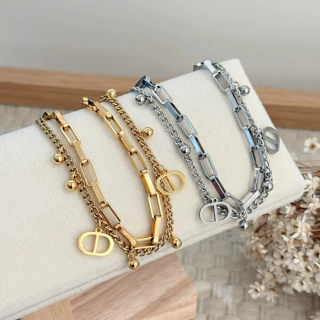 Pulseira dupla retangular e bolinhas em aço inoxidável
