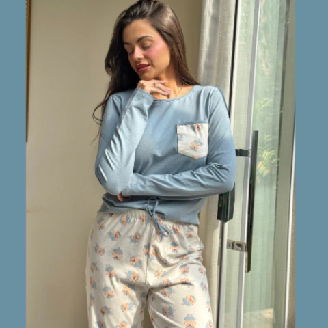 Conjunto Pijama Cotton Serenata Camiseta Manga Longa e Calça