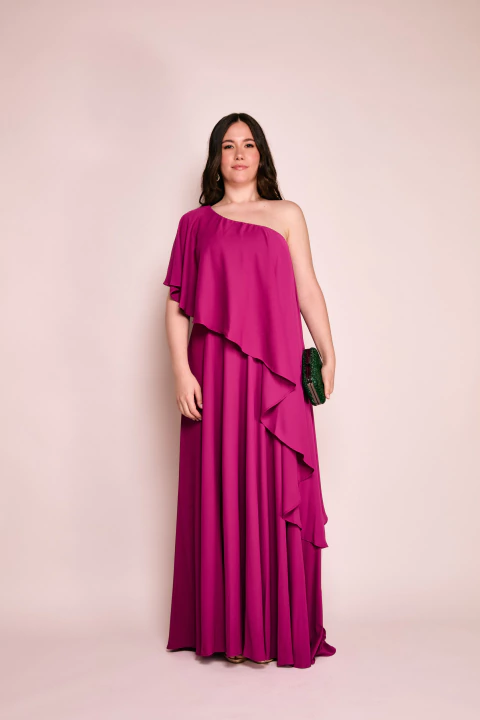 VESTIDO DE FESTA LONGO UM OMBRO SÓ EM MUSSELINE COM BABADO DIAGONAL FÚCSIA - comprar online