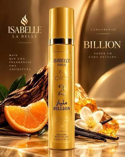Frasco dourado do Body Splash 2 Billion Isabelle La Belle Unissex 300 ml com frutas cítricas, baunilha e fundo de âmbar
