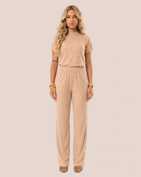 Conjunto Feminino Suede Canelado Calça com Bolso Pantalona + Blusa Manga Curta