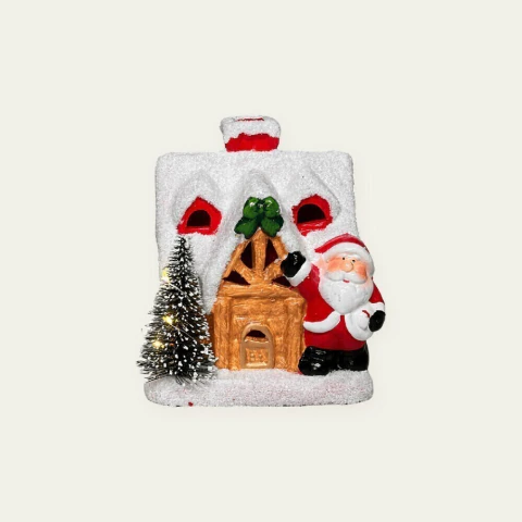 Enfeite Casa do Papai Noel com Neve e Luzes 14x16cm DRM2048