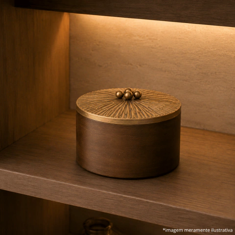 Pote Decorativo em Madeira com Tampa em Metal Dourado Tam. G - Mart