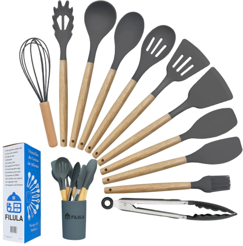Set x12 Utensilios de Cocina con Mango de Madera y Punta de Silicona FILULA
