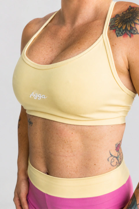TOP PULL UP AMARELO CLARO ALÇA FINA LOGO