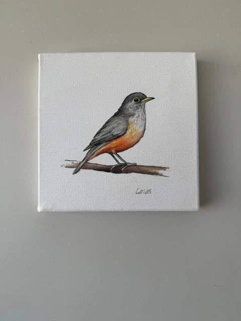 Pintura Passarinho Cinza e Laranja em Óleo sobre Tela