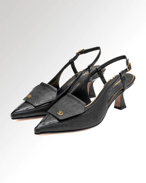 STILETTOS CATHERINE EN CUERO GRABADO Y CHAROL NEGRO
