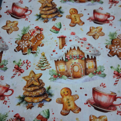Tecido estampado GingerBread com casinhas - 50 cm X 1,50 cm