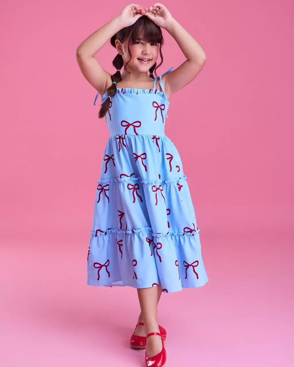 Vestido Infantil Azul Midi de Laços Rodado - 5