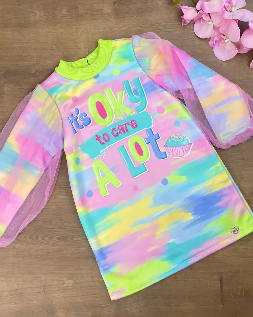 Vestido Infantil Flanelado Inverno com Tule nas Mangas - 1