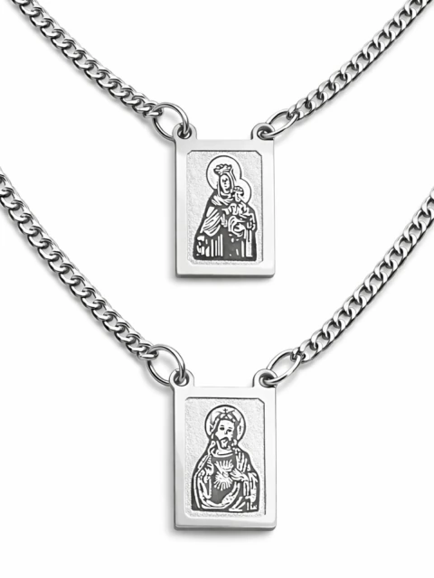 Colar Escapulário Aço Inox Nossa Senhora Do Carmo Jesus Prata